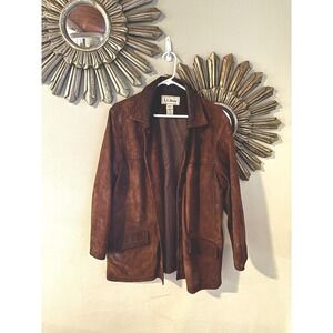 Vintage LL Bean Nubuck Leather Jacket Womens Petite Large Brown Classic Coat